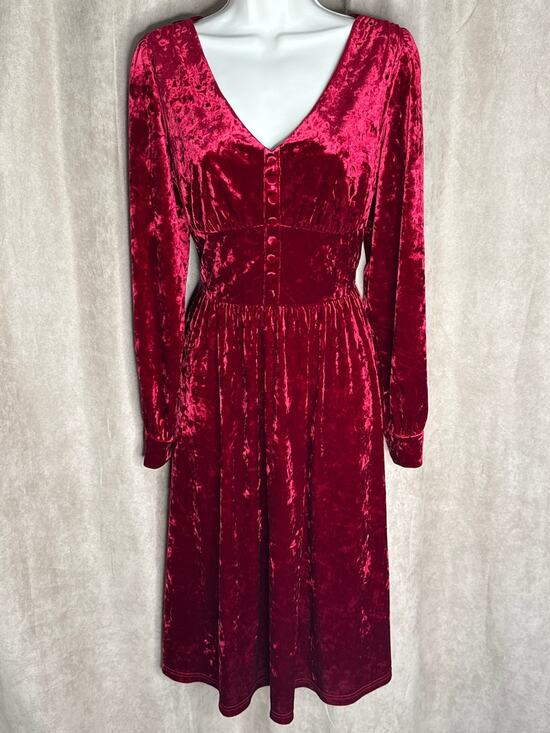 Unique Vintage Dresses & Skirts - Unique Vintage Burgundy Crushed Velvet Long Sleeve Midi Dress L NWOT